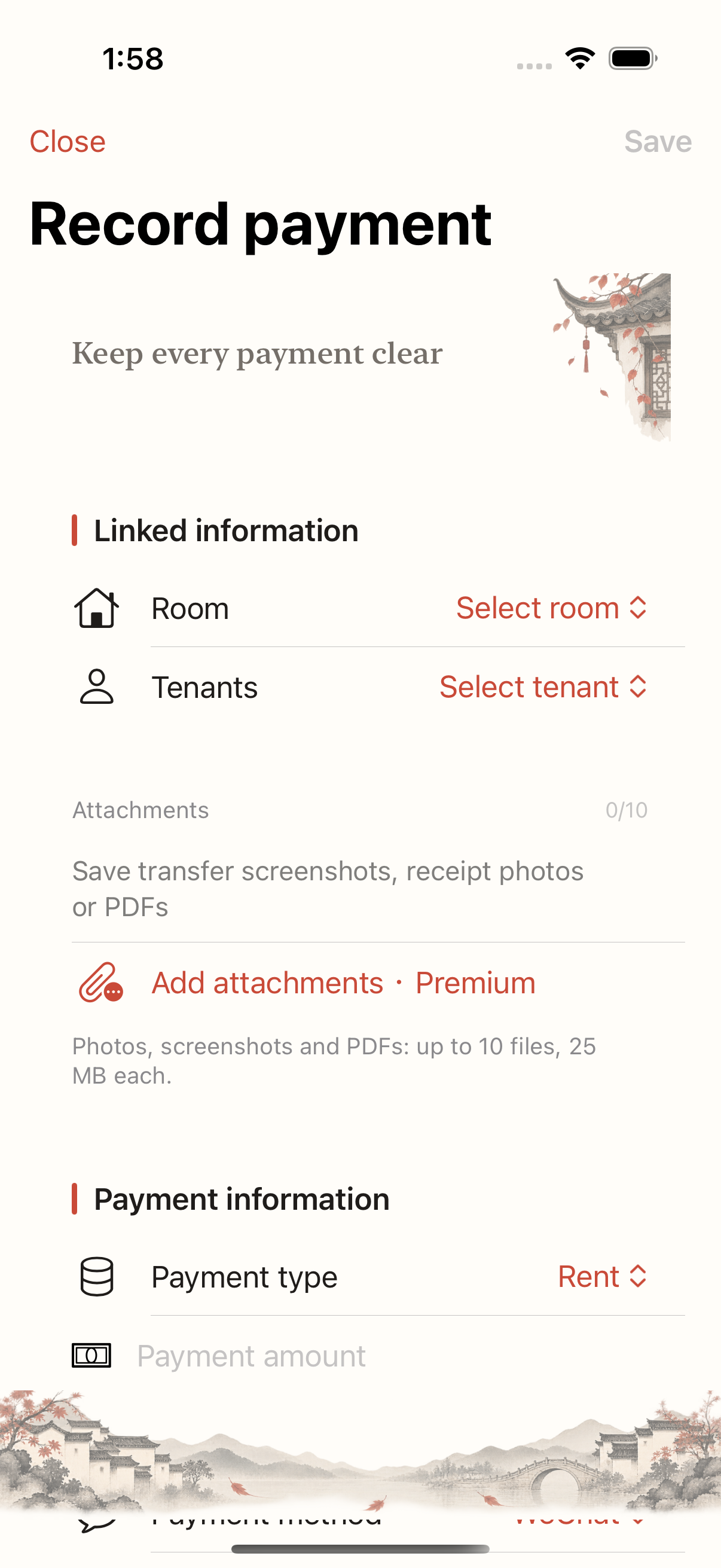 Landlady payment entry screen