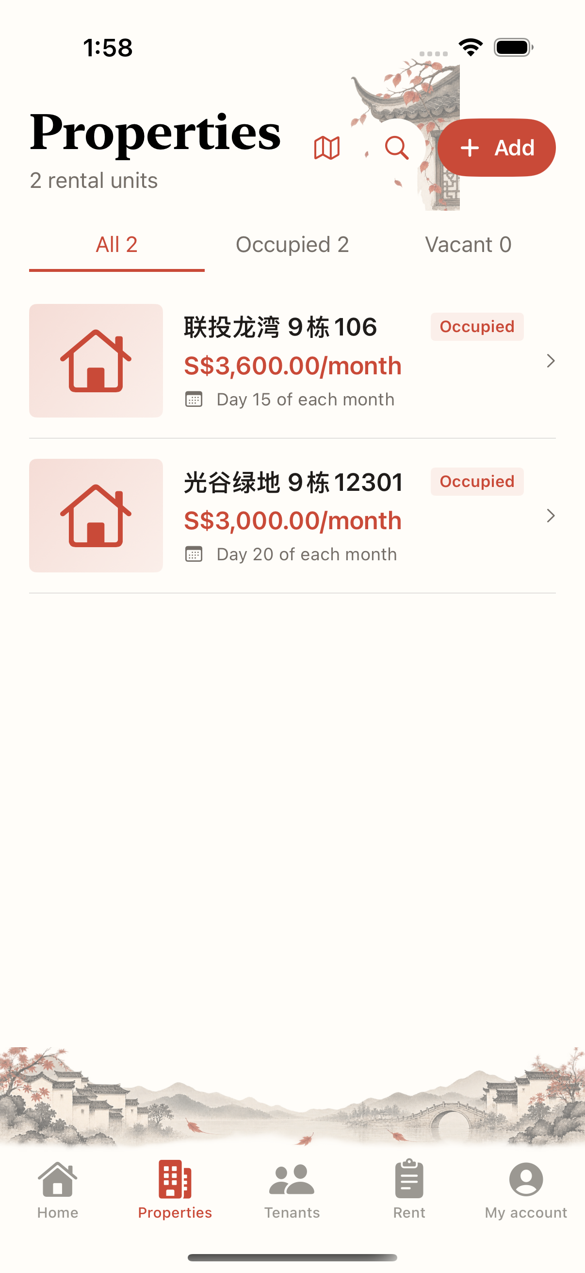 Landlady property list with occupied rooms and rent amounts