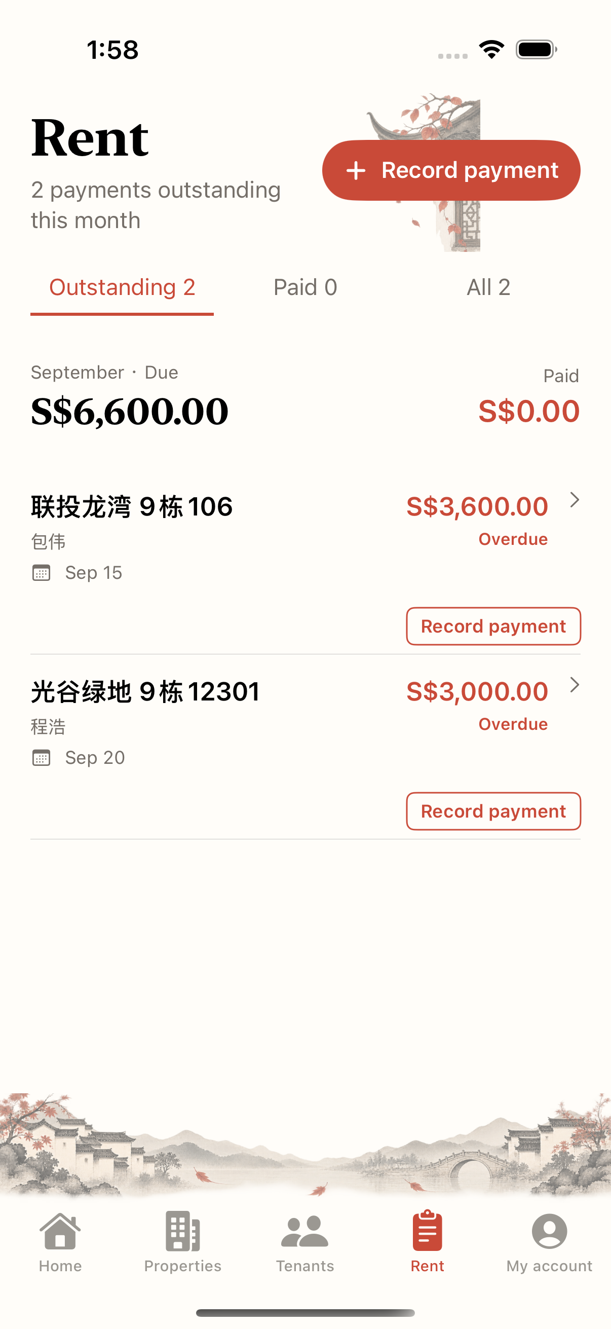 Landlady rent ledger with bill statuses